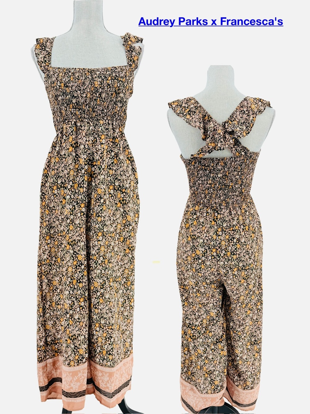 Audrey Parks x Francesca's Brown Floral smocked Ruffle Strap Wide Leg Jumpsuit